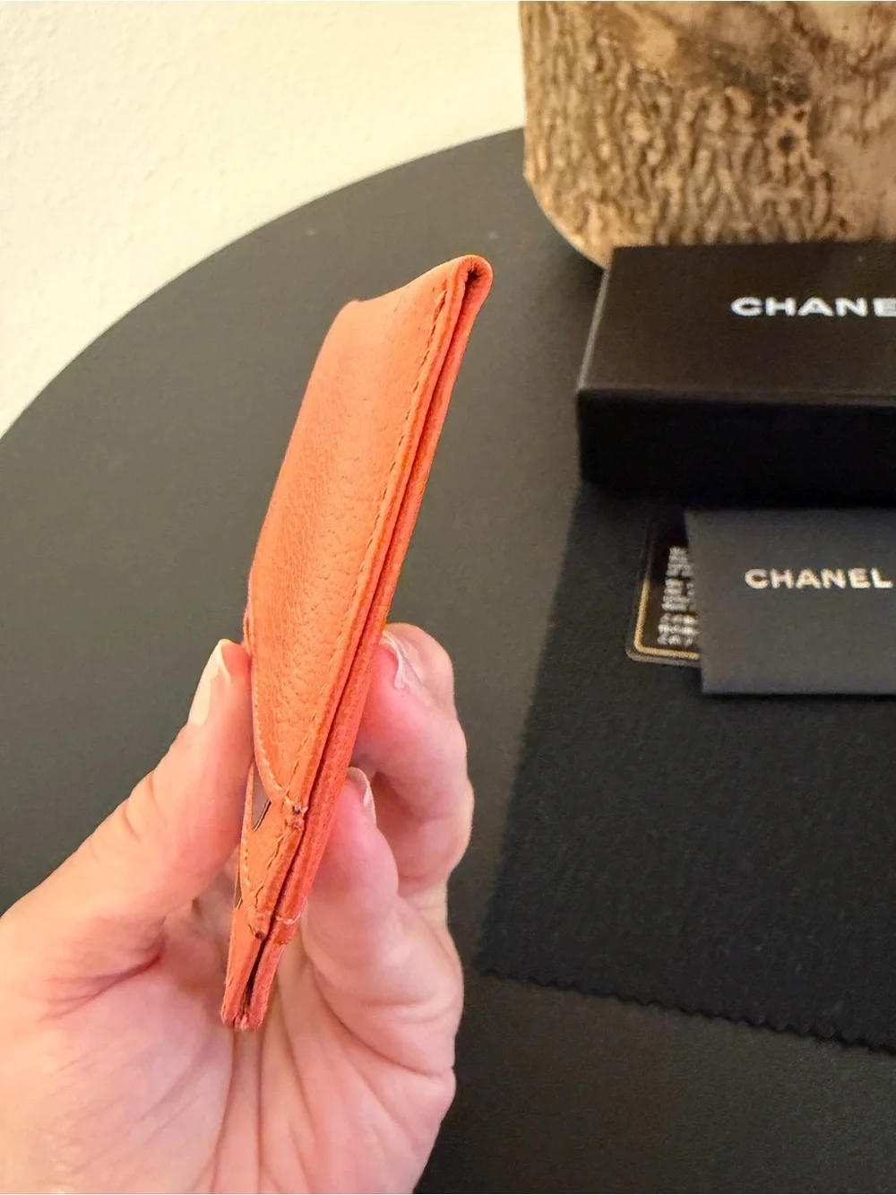 Chanel Goatskin Embossed Camellia Card Holder in Coral
